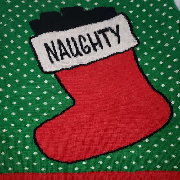NAUGHTY Green Red Ugly Christmas Sweater Fits Sizes M - L - Picture 3 of 6